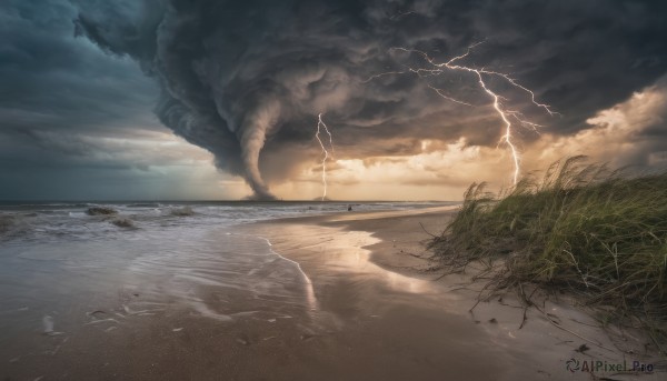 outdoors, sky, cloud, water, no humans, ocean, cloudy sky, grass, scenery, horizon, electricity, lightning