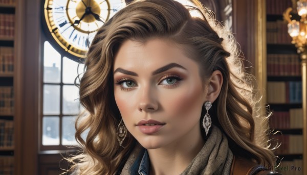 1girl,solo,long hair,looking at viewer,brown hair,jewelry,green eyes,earrings,parted lips,tongue,indoors,tongue out,mole,blurry,lips,book,eyelashes,window,makeup,depth of field,blurry background,wavy hair,portrait,freckles,realistic,nose,clock,bookshelf,library,wall clock,artist name,signature,scarf,fur trim,watermark,thick eyebrows,close-up,analog clock