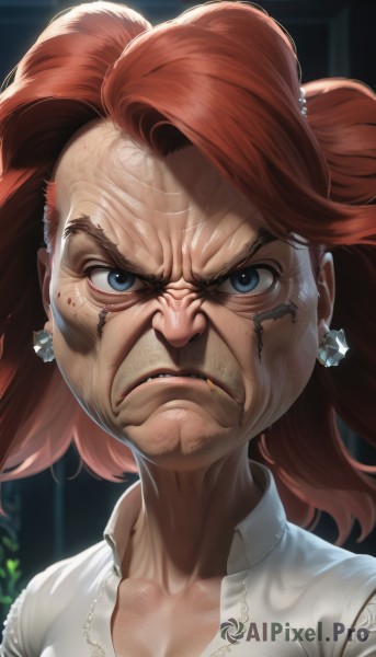 1girl,solo,long hair,breasts,looking at viewer,blue eyes,brown hair,shirt,cleavage,jewelry,closed mouth,collarbone,white shirt,red hair,earrings,collared shirt,necklace,lips,v-shaped eyebrows,frown,scar,portrait,angry,freckles,veins,serious,realistic,nose,scowl,1boy,male focus,teeth,star (symbol),facial hair,mustache,furrowed brow