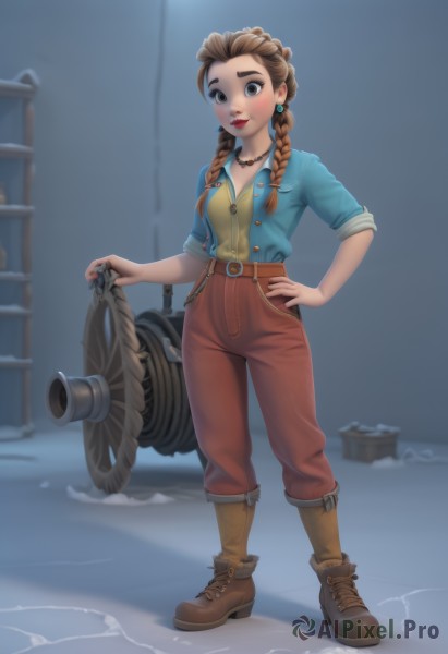 1girl,solo,long hair,breasts,looking at viewer,blush,brown hair,shirt,brown eyes,jewelry,medium breasts,standing,jacket,full body,weapon,braid,earrings,boots,belt,pants,artist name,necklace,twin braids,lips,hand on hip,makeup,brown footwear,lipstick,hair over shoulder,sleeves rolled up,freckles,red lips,brown belt,brown pants,holding,blurry,high heels,blurry background,watermark,thick eyebrows,blue shirt,web address,high heel boots,holding clothes,jumpsuit,pearl necklace