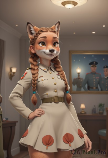 1girl,solo,long hair,smile,skirt,brown hair,long sleeves,hat,dress,animal ears,brown eyes,closed mouth,standing,tail,braid,cowboy shot,multiple boys,solo focus,belt,indoors,uniform,twin braids,animal ear fluff,hand on hip,military,military uniform,chair,table,dog ears,furry,freckles,pocket,furry female,brown belt,lamp,breast pocket,body fur,animal nose,snout,light bulb,furrification,breasts,blush,small breasts,artist name,cat ears,2boys,blurry,lips,buttons,blurry background,looking away,thick eyebrows,hair over shoulder,nose,soldier