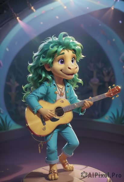 solo,long hair,smile,open mouth,1boy,holding,jewelry,standing,purple eyes,jacket,full body,male focus,green hair,pants,dark skin,necklace,bracelet,sandals,messy hair,instrument,furry,music,blue pants,guitar,playing instrument,holding instrument,1girl,shirt,long sleeves,white shirt,earrings,denim,blue jacket,freckles,jeans,animal nose,snout,denim jacket