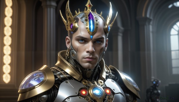 HQ,solo,looking at viewer,blue eyes,1boy,jewelry,closed mouth,upper body,white hair,grey hair,male focus,earrings,solo focus,indoors,armor,blurry,lips,helmet,crown,gem,portrait,science fiction,realistic,android,bald,forehead jewel,cyborg,power armor,1girl,glowing,robot,nose,pillar