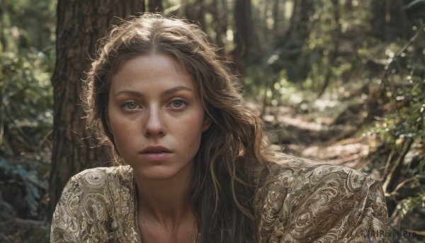 1girl,solo,long hair,looking at viewer,brown hair,brown eyes,upper body,outdoors,parted lips,day,blurry,tree,lips,depth of field,blurry background,portrait,nature,freckles,curly hair,realistic,nose,blue eyes,mole,grey eyes,makeup,sunlight,forest,dappled sunlight,mole on cheek