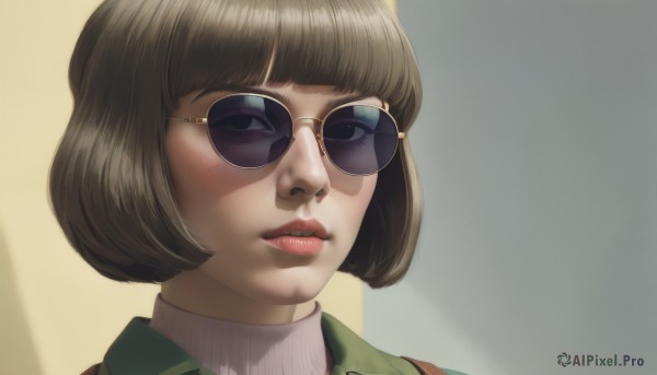 1girl,solo,looking at viewer,short hair,bangs,brown hair,brown eyes,jacket,parted lips,glasses,shiny,blunt bangs,black eyes,sweater,lips,makeup,shadow,turtleneck,sunglasses,bob cut,portrait,turtleneck sweater,realistic,nose,mole,mole under eye,close-up,pink sweater