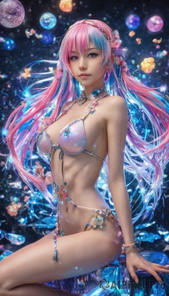 1girl,solo,long hair,breasts,looking at viewer,smile,bangs,blue eyes,hair ornament,navel,cleavage,bare shoulders,jewelry,medium breasts,sitting,blue hair,swimsuit,pink hair,braid,bikini,multicolored hair,earrings,parted lips,choker,necklace,stomach,nail polish,bracelet,two-tone hair,lips,gem,revealing clothes,bikini top only,realistic,nose,planet,twintails,flower,artist name,high heels,fingernails,watermark,beads