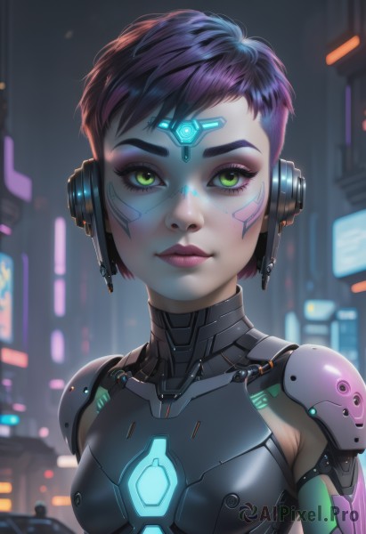 1girl,solo,breasts,looking at viewer,short hair,closed mouth,green eyes,upper body,pink hair,purple hair,small breasts,artist name,signature,armor,blurry,lips,eyelashes,bodysuit,makeup,blurry background,glowing,headgear,headphones,watermark,facial mark,lipstick,web address,eyeshadow,science fiction,pink lips,nose,eyeliner,very short hair,cyborg,robot joints,neon trim,mascara,cyberpunk,bangs,swept bangs,skin tight,backlighting,freckles,android,facepaint,neon lights