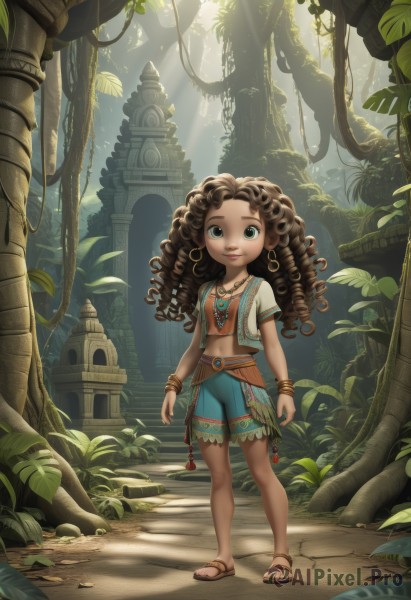 1girl,solo,long hair,looking at viewer,smile,brown hair,navel,jewelry,green eyes,standing,full body,earrings,outdoors,shorts,day,midriff,dark skin,necklace,flat chest,bracelet,dark-skinned female,tree,lips,toes,leaf,drill hair,sandals,sunlight,plant,child,nature,blue shorts,curly hair,light rays,stairs,anklet,arms at sides,female child,bangle,sunbeam,vines,dappled sunlight,breasts,skirt,shirt,closed mouth,collarbone,short sleeves,open clothes,belt,artist name,vest,bike shorts,forest,hoop earrings,facepaint,open vest