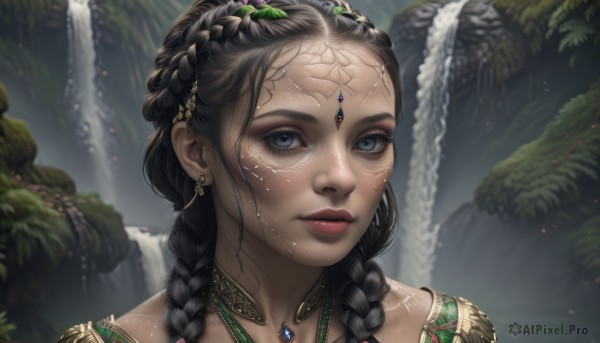 1girl,solo,long hair,looking at viewer,blue eyes,black hair,hair ornament,jewelry,braid,earrings,outdoors,parted lips,dark skin,water,necklace,blurry,twin braids,dark-skinned female,lips,wet,eyelashes,depth of field,blurry background,facial mark,gem,portrait,freckles,realistic,nose,red lips,waterfall,multiple braids,artist name,signature,makeup,watermark,web address,close-up,forehead,facepaint,gold