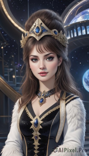 1girl,solo,long hair,breasts,looking at viewer,brown hair,dress,cleavage,brown eyes,jewelry,medium breasts,upper body,earrings,parted lips,sky,choker,necklace,hair bun,black dress,lips,fur trim,eyelashes,makeup,watermark,tiara,crown,lipstick,gem,star (sky),eyeshadow,starry sky,realistic,nose,red lips,space,planet,earth (planet),bangs,artist name,fur