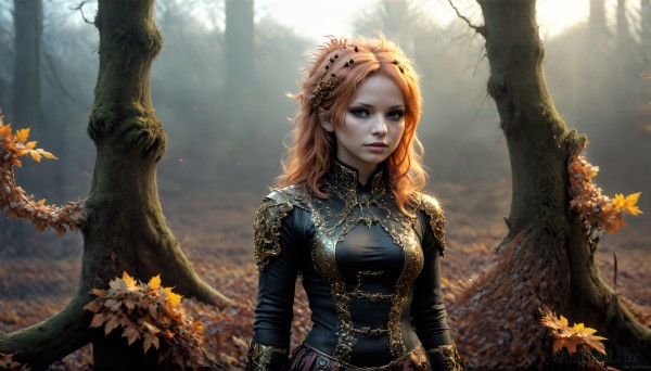 HQ,1girl,solo,long hair,breasts,looking at viewer,blue eyes,blonde hair,hair ornament,long sleeves,jewelry,medium breasts,closed mouth,upper body,outdoors,parted lips,artist name,orange hair,armor,blurry,tree,lips,eyelashes,makeup,depth of field,leaf,watermark,wavy hair,expressionless,sunlight,nature,forest,freckles,curly hair,gold trim,realistic,nose,arms at sides,branch,autumn leaves,autumn,red hair