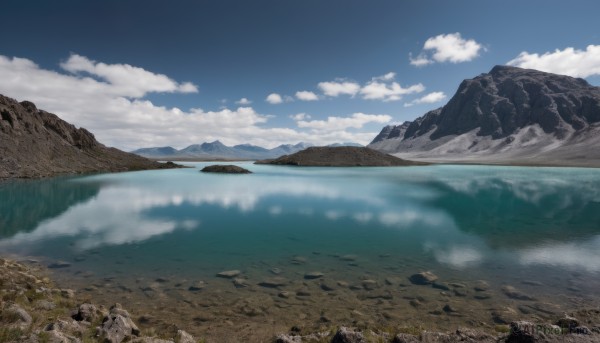 outdoors,sky,day,cloud,water,tree,blue sky,no humans,ocean,cloudy sky,nature,scenery,forest,reflection,rock,mountain,river,landscape,lake,horizon,mountainous horizon,shore,reflective water