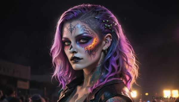 1girl,solo,long hair,looking at viewer,hair ornament,jewelry,green eyes,jacket,upper body,pink hair,purple hair,multicolored hair,earrings,outdoors,parted lips,teeth,solo focus,medium hair,blurry,from side,two-tone hair,lips,tattoo,gradient hair,makeup,night,blurry background,heterochromia,facial mark,piercing,lipstick,ear piercing,portrait,eyeshadow,rain,nose,eyeliner,arm tattoo,facial tattoo,purple lips,mascara,blue lips,neck tattoo,black lips,nose piercing,lip piercing,eyebrow piercing,eyelashes,realistic,crowd