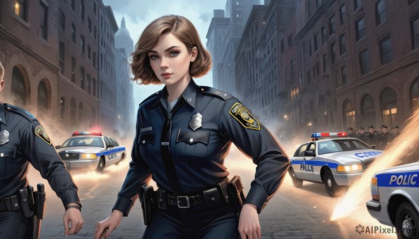 1girl,breasts,looking at viewer,short hair,bangs,blue eyes,blonde hair,brown hair,shirt,long sleeves,1boy,weapon,outdoors,parted lips,necktie,sky,solo focus,day,collared shirt,belt,pants,uniform,lips,gun,makeup,blue shirt,lipstick,ground vehicle,building,black necktie,motor vehicle,handgun,black belt,pouch,city,emblem,car,road,holster,badge,police,street,police uniform,policewoman,police hat,medium breasts,closed mouth,standing,multiple boys,artist name,cloud,black pants,buckle,freckles,pocket,realistic,nose,blue pants,utility belt