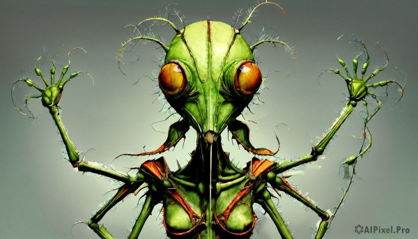 HQ,1girl,solo,breasts,looking at viewer,simple background,upper body,grey background,gradient,gradient background,no humans,bug,claws,green background,monster,antennae,extra eyes,arthropod girl,alien,horror (theme),spider,red eyes,medium breasts,realistic,creature,green skin,green theme