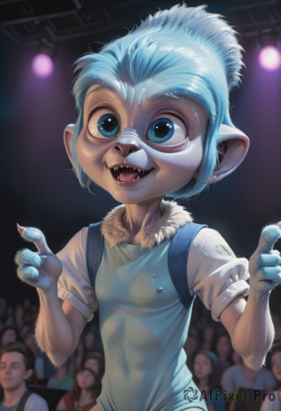 1girl,looking at viewer,smile,short hair,open mouth,blue eyes,shirt,animal ears,blue hair,white shirt,upper body,short sleeves,:d,multiple boys,teeth,solo focus,pointy ears,blurry,blurry background,fangs,sharp teeth,child,claws,furry,furry female,body fur,fur,crowd,vest,fingernails,pointing,monster girl,genderswap,genderswap (mtf),fur collar,blue vest,people