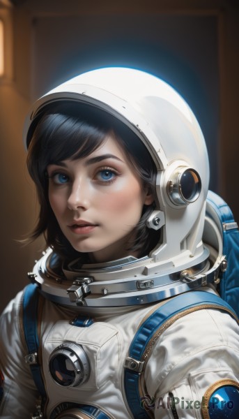 1girl,solo,looking at viewer,short hair,bangs,blue eyes,black hair,closed mouth,upper body,artist name,signature,lips,eyelashes,swept bangs,helmet,realistic,nose,spacesuit,space helmet,astronaut,blush,parted lips,blurry,makeup,blurry background,moon,backpack,portrait,space