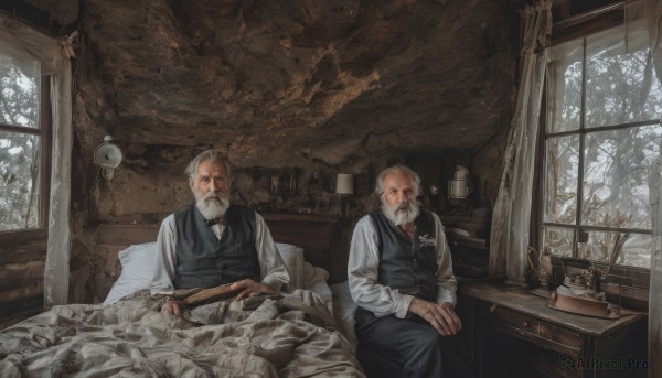 blonde hair,shirt,long sleeves,sitting,white shirt,weapon,white hair,grey hair,male focus,multiple boys,day,collared shirt,indoors,2boys,vest,tree,gun,pillow,window,bed,facial hair,on bed,scar,bottle,curtains,beard,black vest,mustache,lamp,old,old man,pants,realistic,bald