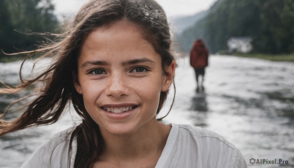 1girl,solo,long hair,looking at viewer,smile,open mouth,multiple girls,brown hair,shirt,black hair,2girls,white shirt,upper body,outdoors,teeth,solo focus,day,water,grin,blurry,black eyes,tree,lips,floating hair,depth of field,blurry background,wind,portrait,freckles,reflection,realistic,1boy,grey eyes,messy hair