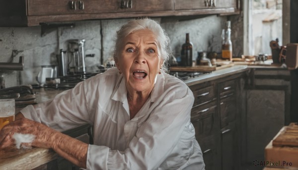 solo,looking at viewer,short hair,open mouth,blue eyes,shirt,long sleeves,1boy,white shirt,white hair,male focus,teeth,collared shirt,indoors,blood,leaning forward,facial hair,bottle,realistic,nosebleed,old,old man,kitchen,sink,counter,faucet,cabinet,blonde hair,holding,upper body,cup,dress shirt,scar,chair,scar on face,alcohol,sleeves rolled up,wide-eyed,dirty,jar,bar (place)