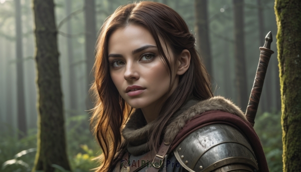 1girl,solo,long hair,looking at viewer,brown hair,brown eyes,upper body,weapon,outdoors,parted lips,teeth,day,sword,armor,blurry,tree,lips,fur trim,eyelashes,depth of field,blurry background,shoulder armor,portrait,nature,forest,freckles,pauldrons,realistic,nose,strap,weapon on back,sword behind back,sunlight,forehead