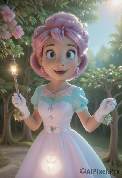 1girl,solo,looking at viewer,smile,short hair,open mouth,gloves,dress,holding,brown eyes,jewelry,standing,pink hair,flower,short sleeves,:d,earrings,outdoors,sky,teeth,day,puffy sleeves,artist name,white gloves,necklace,white dress,blurry,tree,puffy short sleeves,lips,eyelashes,makeup,depth of field,blurry background,blue dress,leaf,watermark,happy,sunlight,plant,lipstick,gem,nature,web address,pendant,forest,backlighting,lantern,sun,branch,hair ornament,purple hair,heart,belt,grass,realistic,wand