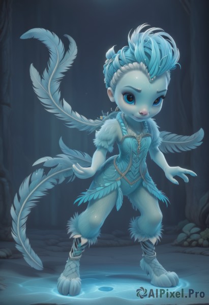 1girl,solo,looking at viewer,smile,blue eyes,blue hair,standing,tail,full body,braid,white hair,wings,water,night,colored skin,tiara,aged down,feathers,monster girl,child,nature,furry,forest,ice,blue theme,blue skin,furry female,dress,jewelry,artist name,necklace,tree,fur trim,blue feathers