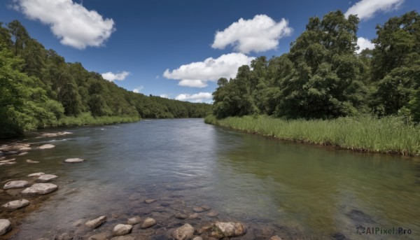 outdoors,sky,day,cloud,water,tree,blue sky,no humans,cloudy sky,grass,nature,scenery,forest,reflection,rock,road,bush,river,landscape,path,mountain,lake