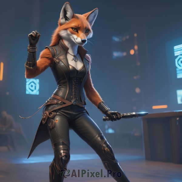 1girl,solo,long hair,breasts,looking at viewer,smile,gloves,holding,animal ears,cleavage,jewelry,medium breasts,standing,jacket,tail,weapon,earrings,black gloves,belt,pants,artist name,hand up,fingerless gloves,necklace,holding weapon,blurry,vest,fox ears,blurry background,black pants,knife,clenched hand,corset,furry,pendant,colored sclera,furry female,black sclera,holding knife,dagger,snout,blue eyes,boots,orange hair,bracelet,depth of field,fox girl,leather,white fur,fox