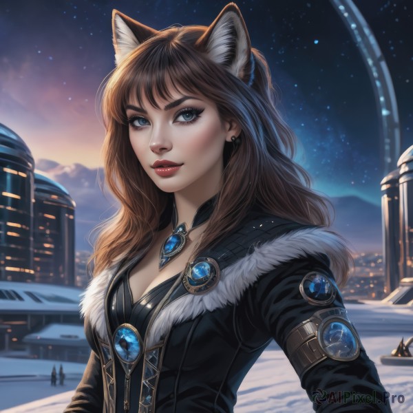 1girl,solo,long hair,breasts,looking at viewer,bangs,blue eyes,brown hair,animal ears,cleavage,jewelry,medium breasts,jacket,upper body,earrings,outdoors,parted lips,sky,artist name,cat ears,necklace,blurry,lips,coat,fur trim,eyelashes,makeup,night,lipstick,brooch,building,gem,star (sky),night sky,snow,pendant,starry sky,freckles,snowing,nose,red lips,winter,aurora,smile,long sleeves,closed mouth,signature,animal ear fluff,wavy hair,thick eyebrows,eyeshadow,backlighting,fur collar,city,realistic,eyeliner,mascara,crystal earrings