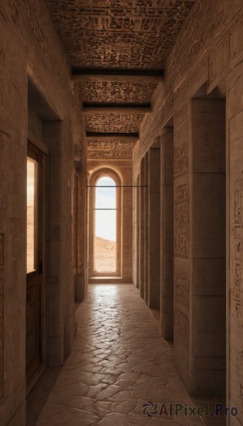 day,indoors,no humans,window,sunlight,building,scenery,stairs,door,light,architecture,pillar,hallway,arch,column,outdoors,road,wall,pavement,stone floor,vanishing point,brick floor