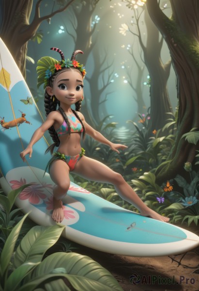 1girl,solo,long hair,looking at viewer,smile,open mouth,brown hair,black hair,hair ornament,navel,brown eyes,jewelry,sitting,swimsuit,full body,braid,flower,bikini,earrings,outdoors,barefoot,day,hair flower,dark skin,black eyes,twin braids,flat chest,dark-skinned female,tree,loli,animal,leaf,bug,plant,butterfly,child,nature,forest,surfboard,breasts,holding,bare shoulders,twintails,standing,small breasts,lips,bare arms,toes,low twintails,floral print,multicolored clothes,innertube,branch,facepaint,print bikini,beetle