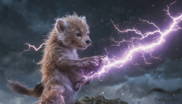 solo, closed mouth, standing, outdoors, sky, cloud, signature, no humans, animal, cloudy sky, realistic, electricity, lightning, whiskers