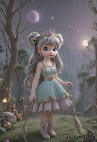 1girl,solo,long hair,looking at viewer,smile,blue eyes,dress,holding,jewelry,very long hair,standing,full body,white hair,grey hair,earrings,boots,outdoors,sky,sleeveless,tree,grey eyes,night,sleeveless dress,blue dress,moon,white footwear,grass,bug,tiara,crown,child,star (sky),nature,night sky,full moon,hair rings,starry sky,mushroom,bare shoulders,collarbone,flower,artist name,necklace,lips,watermark,staff,gem,lantern,rock,bare tree,stick,aqua dress