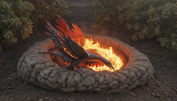 open mouth,outdoors,wings,tree,no humans,bird,animal,leaf,fire,plant,nature,scenery,feathered wings,forest,snake,scales,animal focus,oversized animal,solo,red eyes,from side,night,glowing,feathers,monster,dragon,crow,embers,burning,breathing fire