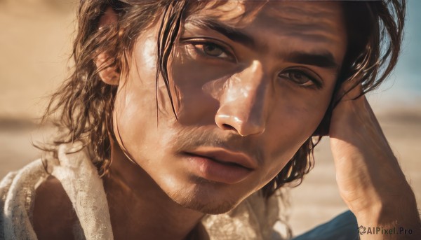 solo,looking at viewer,brown hair,black hair,1boy,brown eyes,closed mouth,male focus,blurry,lips,depth of field,blurry background,facial hair,thick eyebrows,towel,portrait,beard,close-up,hand in own hair,realistic,nose,stubble,outdoors,day,hand up,sunlight,mustache