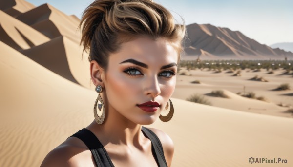 1girl,solo,looking at viewer,short hair,blonde hair,brown hair,bare shoulders,jewelry,upper body,earrings,outdoors,parted lips,day,lips,grey eyes,eyelashes,makeup,tank top,lipstick,portrait,hoop earrings,realistic,red lips,desert,smile,blue eyes,collarbone,sky,eyeshadow,nose,sand,eyeliner,mascara