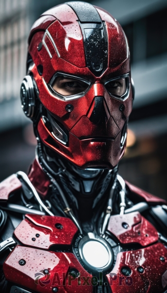 solo,looking at viewer,1boy,upper body,male focus,armor,blurry,bodysuit,mask,blurry background,helmet,portrait,science fiction,realistic,straight-on,red bodysuit,power armor,shiny,black eyes,superhero,red armor