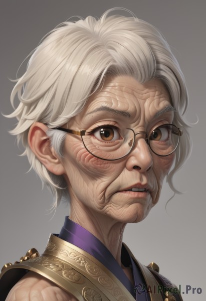 1girl,solo,looking at viewer,short hair,simple background,brown eyes,white hair,grey hair,parted lips,glasses,teeth,grey background,lips,gradient,gradient background,portrait,veins,black-framed eyewear,realistic,nose,round eyewear,old,old man,old woman,wrinkled skin,1boy,white background,male focus,artist name,eyelashes,eyewear strap