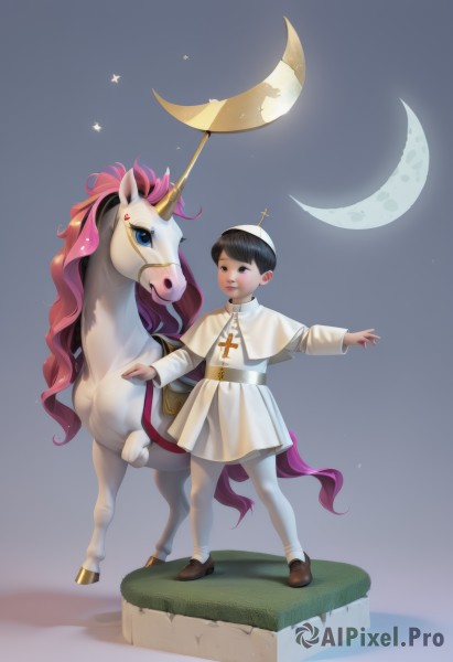 solo,looking at viewer,smile,short hair,blue eyes,black hair,long sleeves,1boy,hat,standing,full body,male focus,horns,shoes,belt,pants,star (symbol),black eyes,night,animal,brown footwear,moon,cross,outstretched arm,crescent,child,single horn,white pants,male child,crescent moon,horse,faux figurine,unicorn,1girl,bangs,simple background,white background,holding,parted lips,gradient,capelet,blue background,grass,white capelet