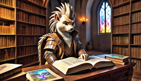 solo,1boy,sitting,male focus,indoors,armor,vest,book,window,chair,table,furry,desk,paper,open book,bookshelf,candle,furry male,library,quill,animal ears,closed mouth,upper body,blurry,black eyes,animal,holding book,reading,brown fur