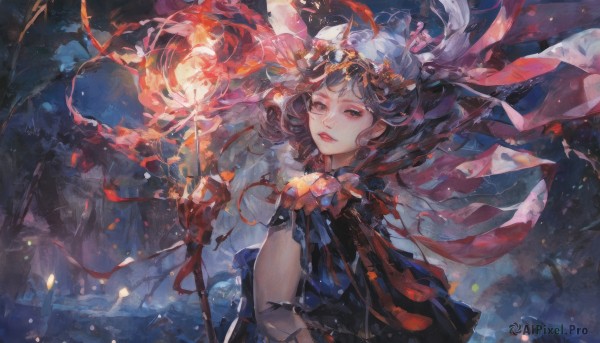 1girl,solo,long hair,looking at viewer,black hair,ribbon,holding,brown eyes,upper body,outdoors,parted lips,looking back,black eyes,tree,lips,makeup,night,fire,staff,nature,forest,holding staff,red lips,breasts,hair ornament,closed mouth,flower,floating hair,magic