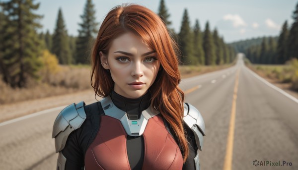 1girl,solo,long hair,looking at viewer,brown hair,brown eyes,closed mouth,upper body,outdoors,day,orange hair,armor,blurry,tree,lips,bodysuit,depth of field,blurry background,freckles,science fiction,realistic,nose,straight-on,sky,shoulder armor,nature,road,shoulder pads