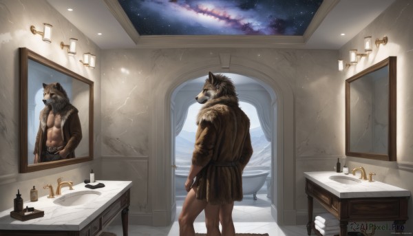 solo,1boy,animal ears,standing,jacket,male focus,open clothes,sky,indoors,fur trim,window,muscular,abs,table,muscular male,star (sky),scenery,furry,starry sky,reflection,mirror,lamp,furry male,bathroom,painting (object),sink,tail,belt,looking at another,night,night sky,candle,wolf,faucet