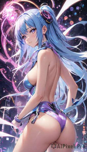 1girl,solo,long hair,breasts,looking at viewer,blush,bangs,blue eyes,large breasts,hair ornament,holding,bare shoulders,jewelry,medium breasts,very long hair,closed mouth,blue hair,standing,purple eyes,ass,sidelocks,thighs,cowboy shot,looking back,from behind,bracelet,from side,leotard,two side up,bare arms,sideboob,floating hair,halterneck,one side up,back,backless outfit,bare back,cityscape,blue leotard,purple leotard,median furrow,backless leotard,outdoors,sky,night,expressionless,wristband,star (sky),night sky,starry sky,orb