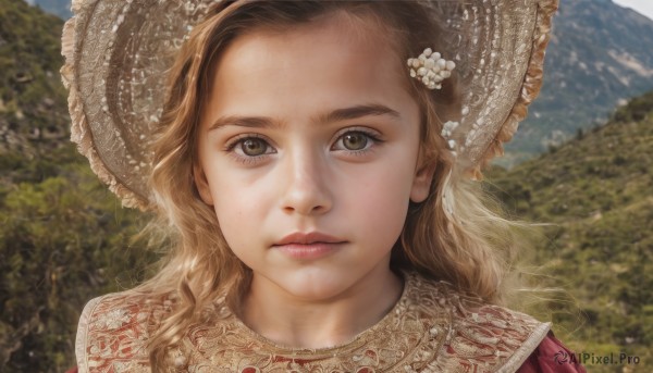 1girl,solo,long hair,looking at viewer,blonde hair,brown hair,hair ornament,hat,brown eyes,closed mouth,green eyes,flower,outdoors,day,hair flower,blurry,tree,lips,blurry background,portrait,nature,freckles,mountain,realistic,eyelashes,expressionless,close-up,forehead,bonnet