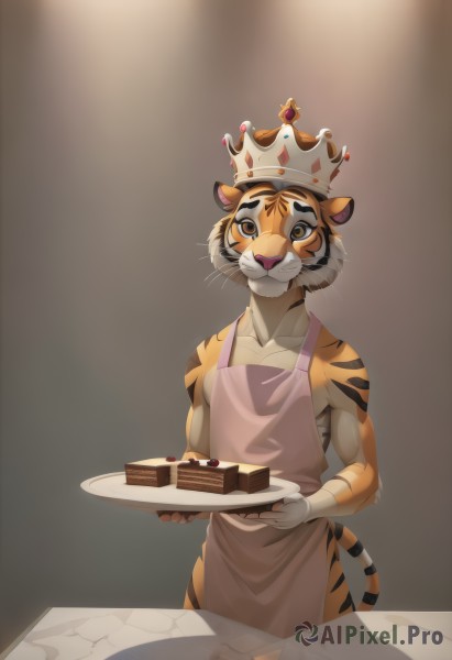 1girl,solo,looking at viewer,smile,short hair,1boy,holding,animal ears,bare shoulders,brown eyes,closed mouth,standing,collarbone,tail,white hair,male focus,cowboy shot,small breasts,food,artist name,blurry,apron,gradient,gradient background,:3,fangs,happy,crown,animal print,furry,plate,brown background,cake,animal hands,furry female,furry male,tiger ears,body fur,naked apron,white fur,straight-on,tiger tail,holding plate,animal nose,yellow sclera,whiskers,snout,two-tone fur,cake slice,striped tail,tiger girl,pink apron,black fur,buck teeth,tiger boy,orange fur,simple background,yellow eyes,upper body,fruit,blurry background,watermark,gem,white apron,colored sclera,strawberry,tiger print,brown fur,blue gemstone,multicolored fur