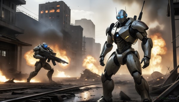 HQ,blue eyes,holding,standing,weapon,outdoors,holding weapon,armor,gun,no humans,glowing,fire,robot,ground vehicle,building,holding gun,mecha,motor vehicle,rifle,smoke,science fiction,city,realistic,military vehicle,explosion,ruins,damaged,power armor,debris,radio antenna,signature,glowing eyes,battle,open hand,dust