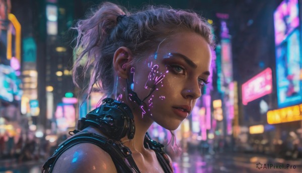 1girl, solo, looking at viewer, short hair, blue eyes, upper body, ponytail, parted lips, dark skin, blurry, dark-skinned female, lips, eyelashes, blurry background, freckles, science fiction, realistic, nose, cyborg, city lights, cyberpunk, neon lights, hologram