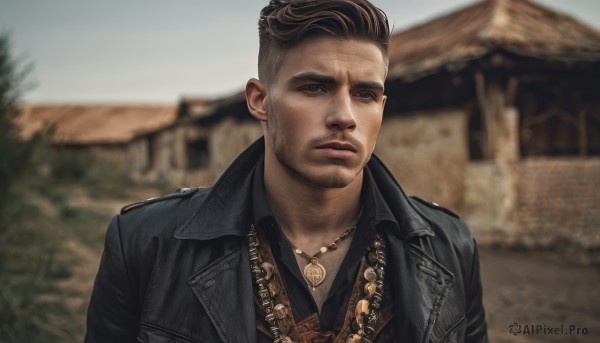 solo,looking at viewer,short hair,brown hair,shirt,1boy,brown eyes,jewelry,closed mouth,jacket,upper body,male focus,outdoors,necklace,blurry,black jacket,black shirt,blurry background,facial hair,scar,beard,realistic,stubble,leather,undercut,leather jacket,photo background,bandolier,black hair,open clothes,day,open jacket,depth of field,thick eyebrows,portrait,scar on face,very short hair